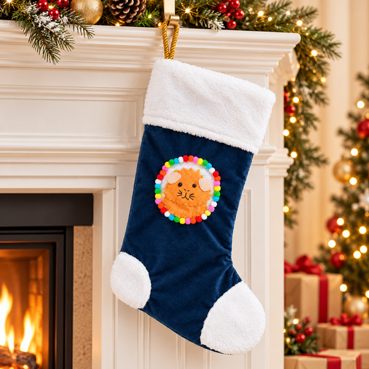 Ginger guinea pig Christmas stocking with pink ears hanging beside a festive fireplace, featuring navy blue velvet, soft white fleece trim and a colourful pom-pom border.
