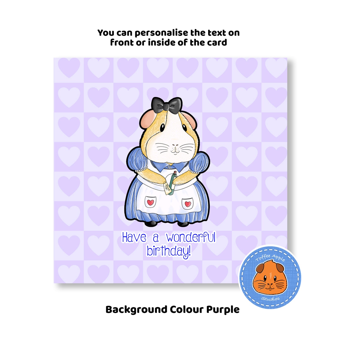 Alice In Piggy Land - Guinea Pig Birthday Card, personalised birthday card with purple background
