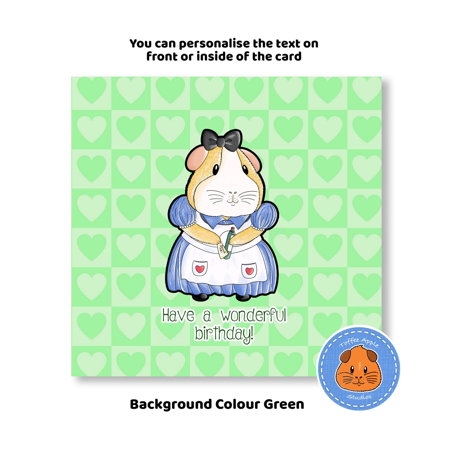 Alice In Piggy Land - Guinea Pig Birthday Card, happy birthday wishes card with green background