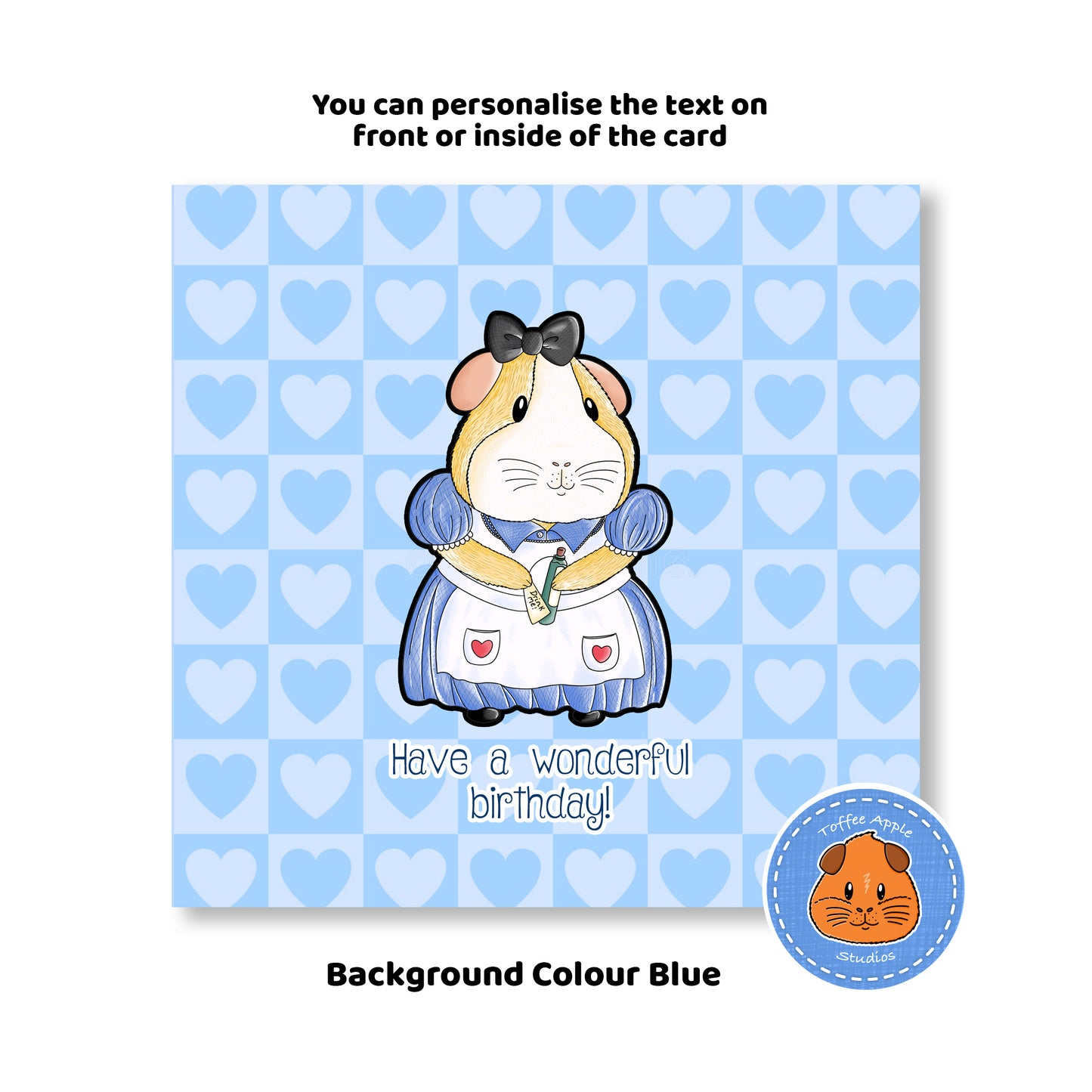 Alice In Piggy Land - Guinea Pig Birthday Card, unique birthday card with blue background