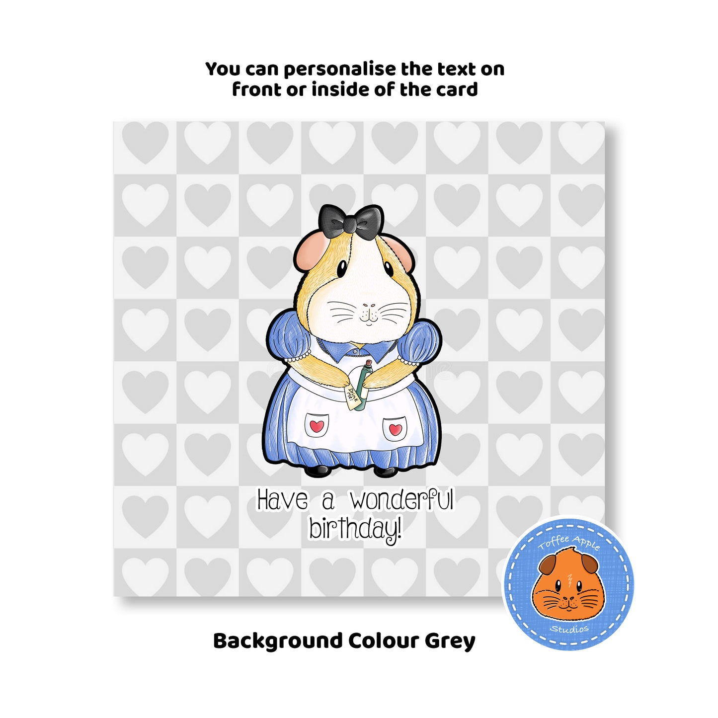 Alice In Piggy Land - Guinea Pig Birthday Card, funny birthday card with grey background
