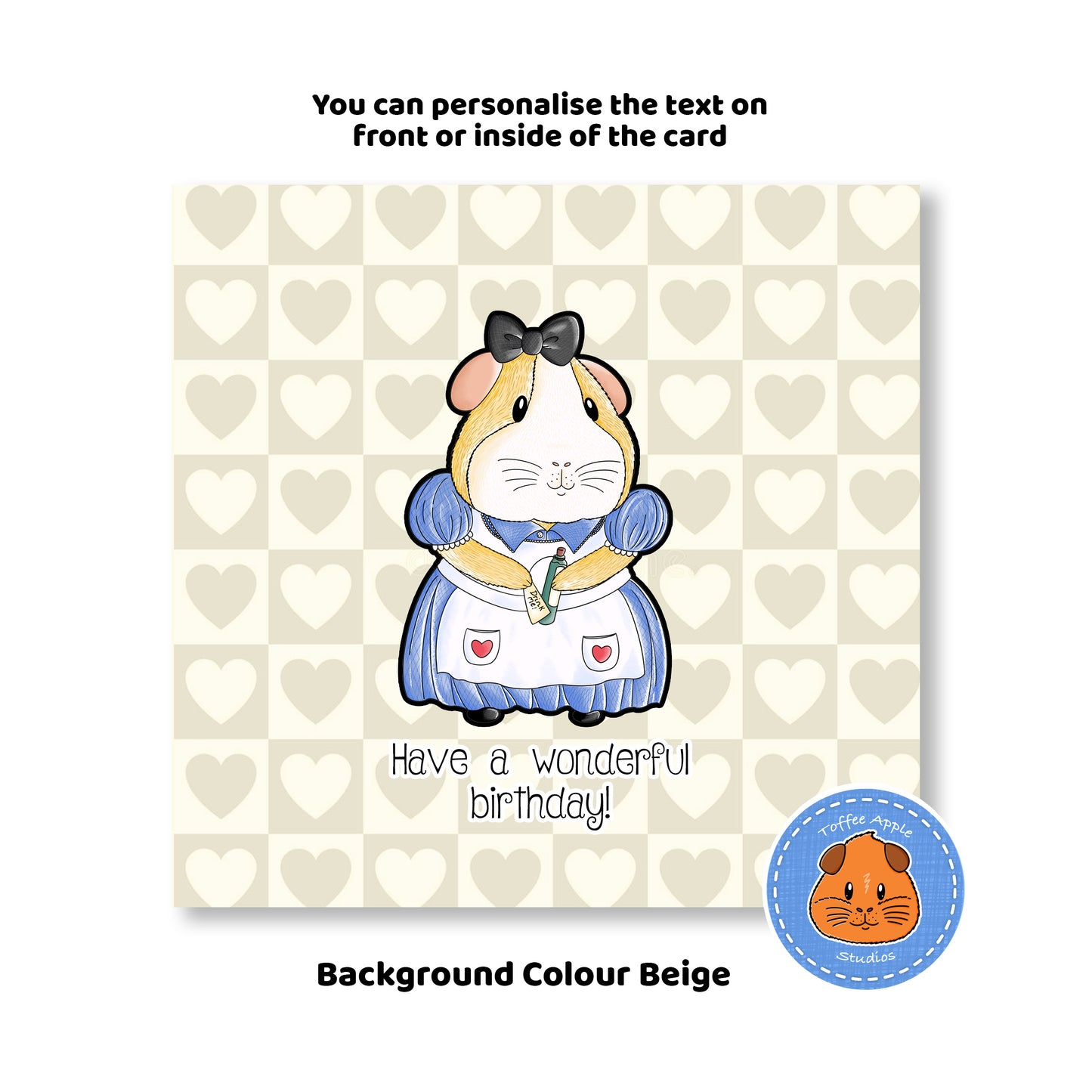Alice In Piggy Land - Guinea Pig Birthday Card, beige heart pattern background on cute birthday card