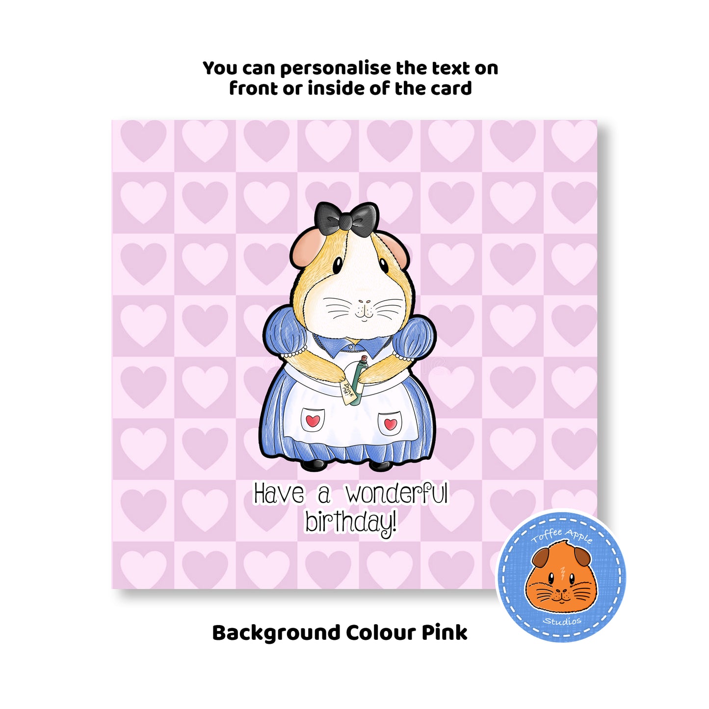 Alice In Piggy Land - Guinea Pig Birthday Card, animal birthday card with pink background