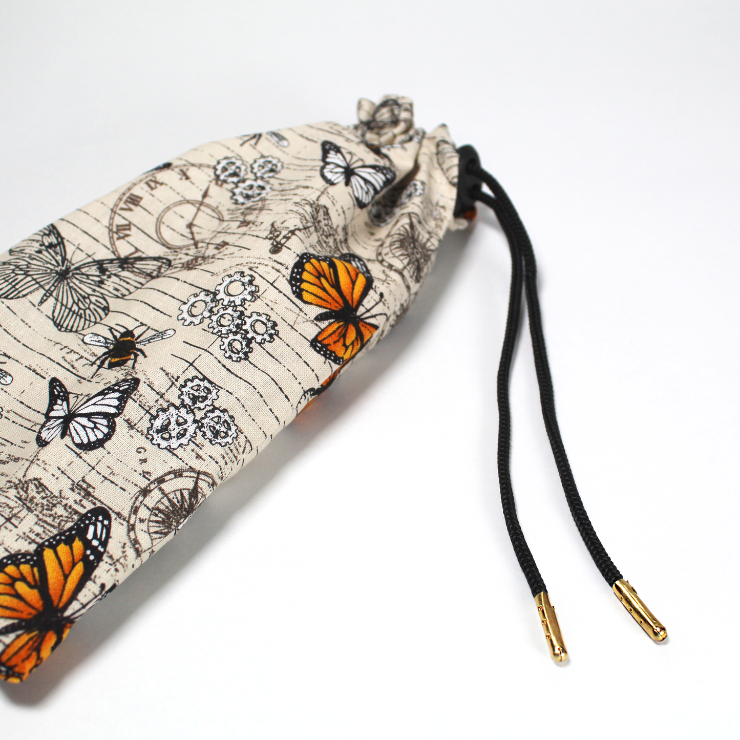 Steampunk Butterfly Travel Cutlery Set, close up of the pull string pouch