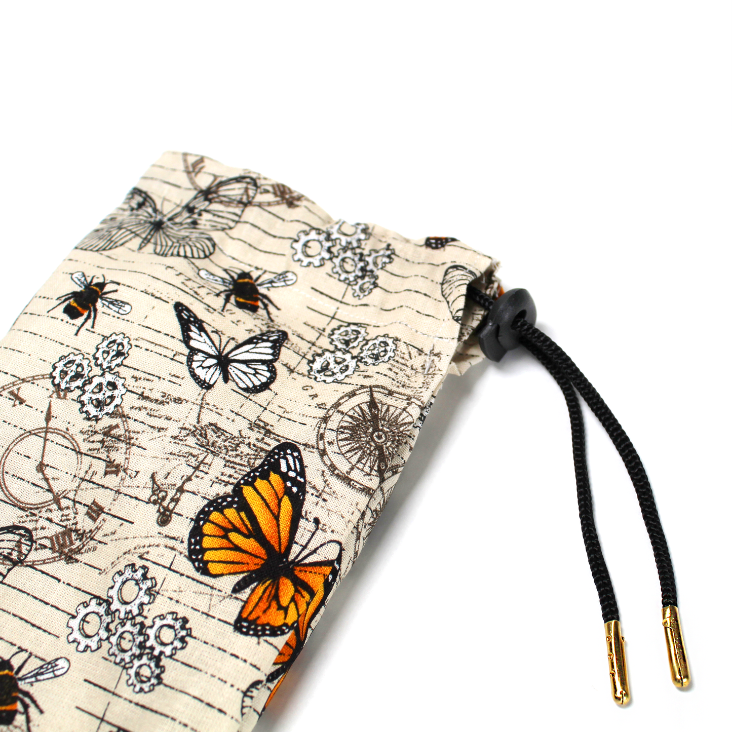 Steampunk Butterfly Travel Cutlery Set, close up showing the detail of the steampunk fabric