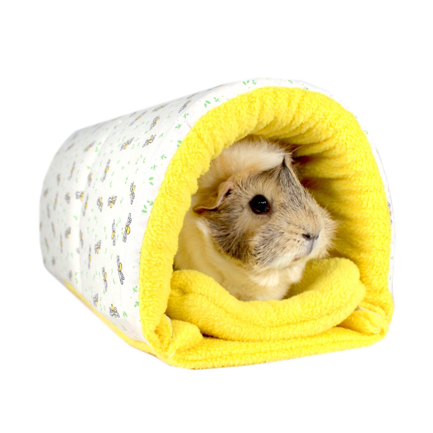 Yellow Bee Guinea Pig Accessory Set, front view of the snuggle tunnel with a guinea pig inside