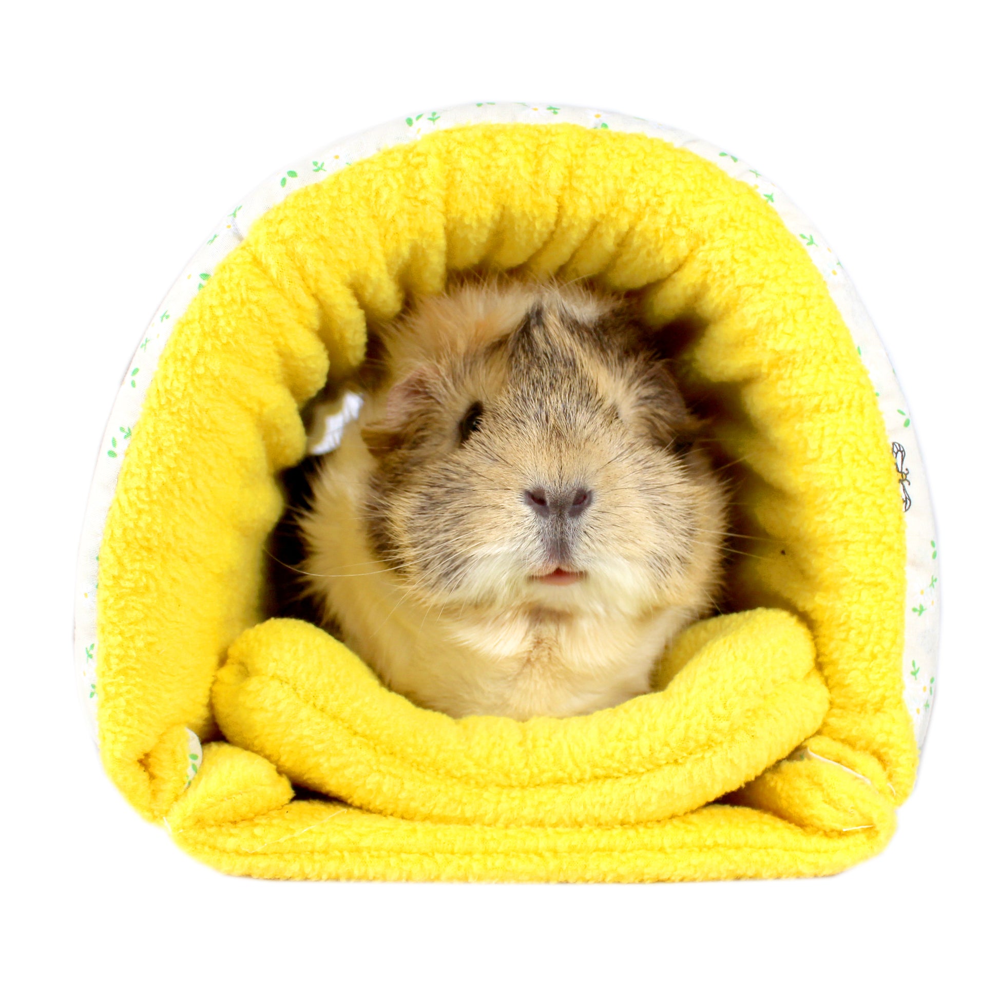 Yellow Bee Pattern Snuggle Tunnel, close up front view of the foam tunnel with a guinea pig inside