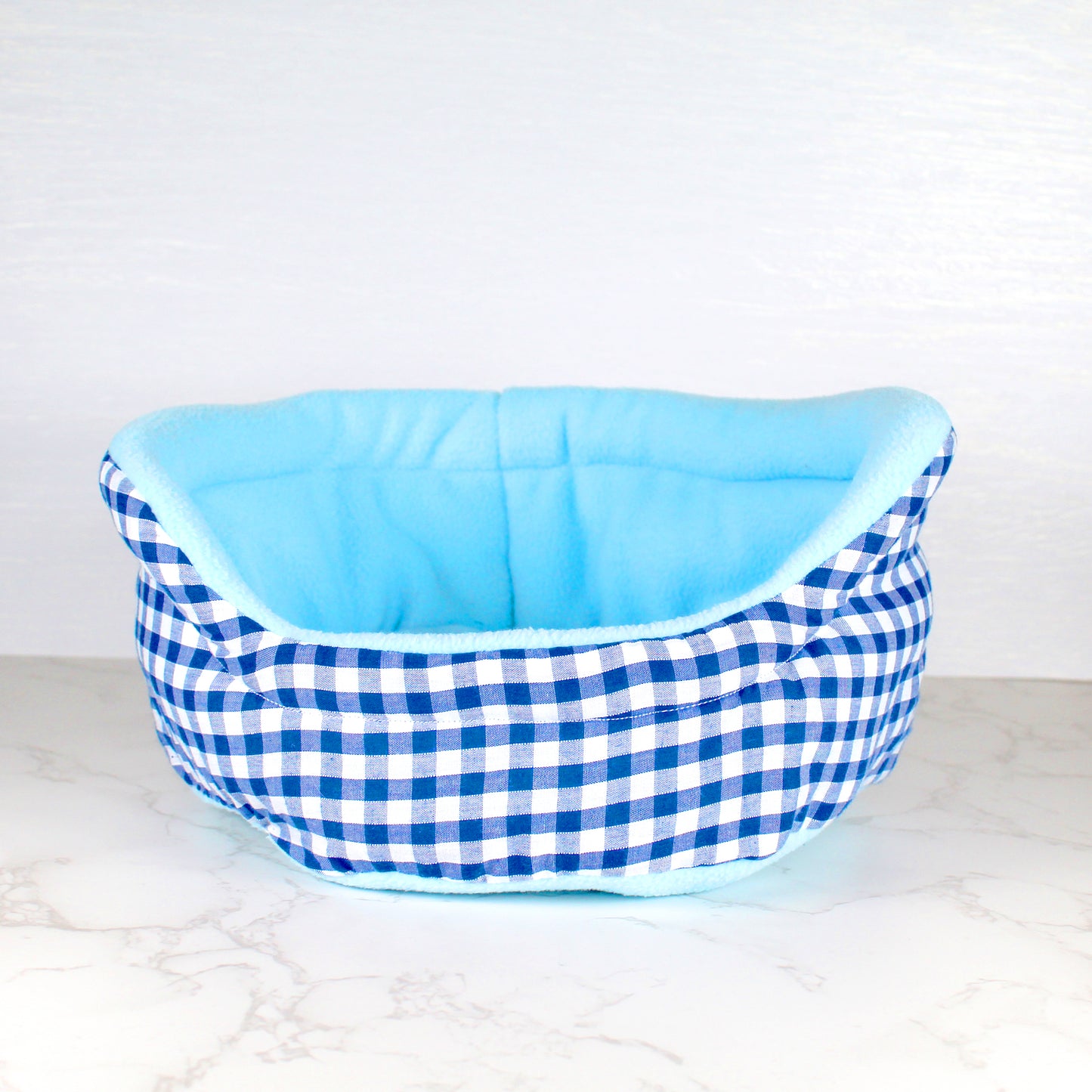 Blue Gingham Bed for Guinea Pigs, front view empty