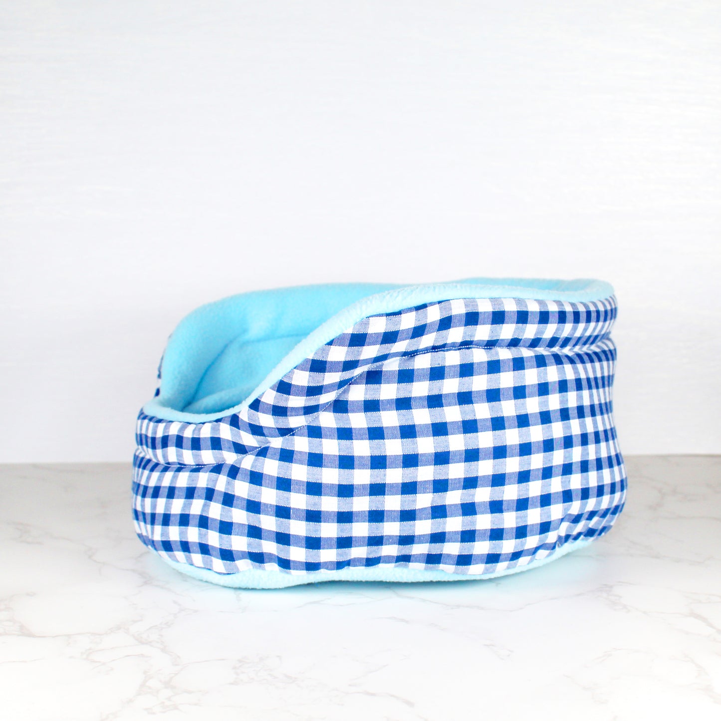 Blue Gingham Bed for Guinea Pigs, side view