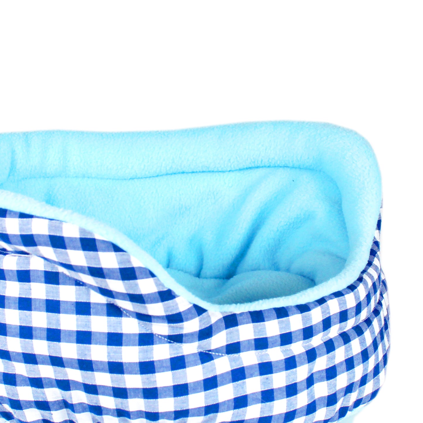 Blue Gingham Bed for Guinea Pigs, close up side angle view