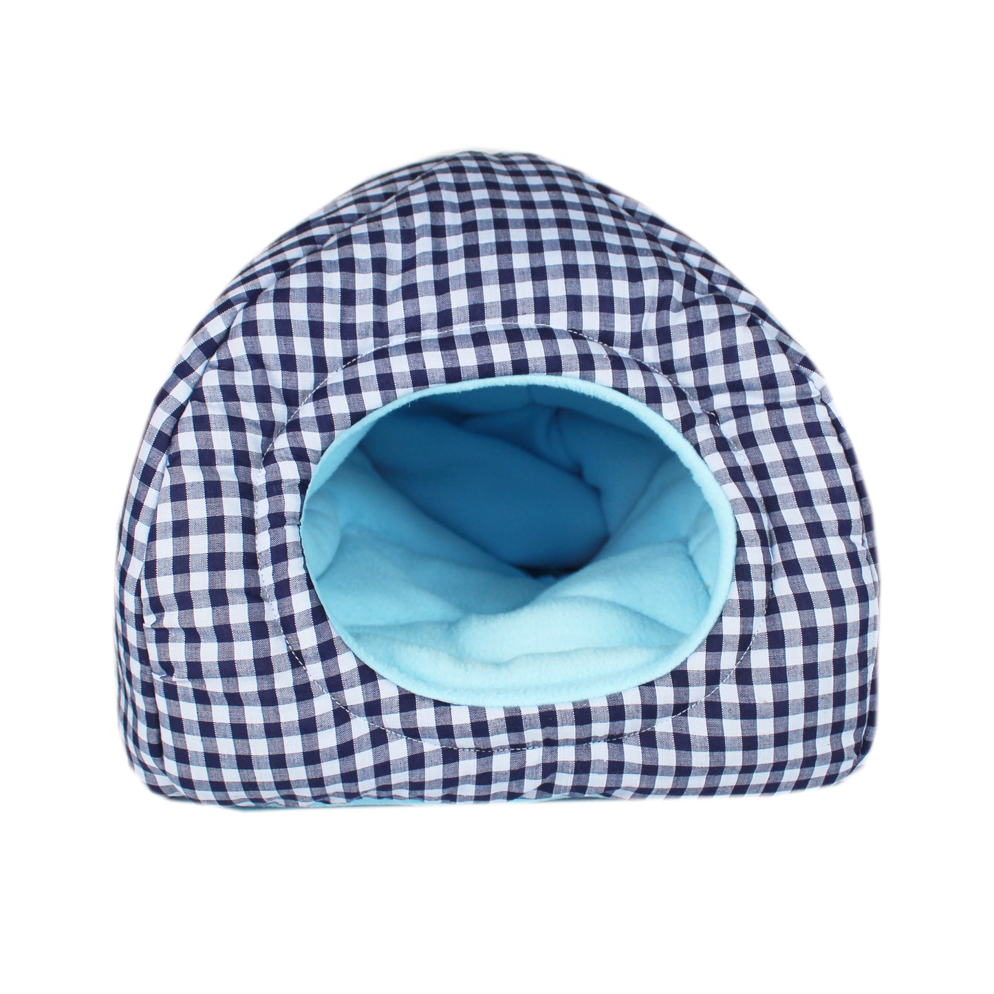 Blue Gingham Pattern Hidey House, front view empty