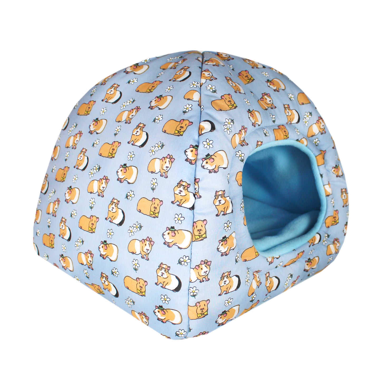 Blue Guinea Pig Pattern Hidey Hut, front side view empty