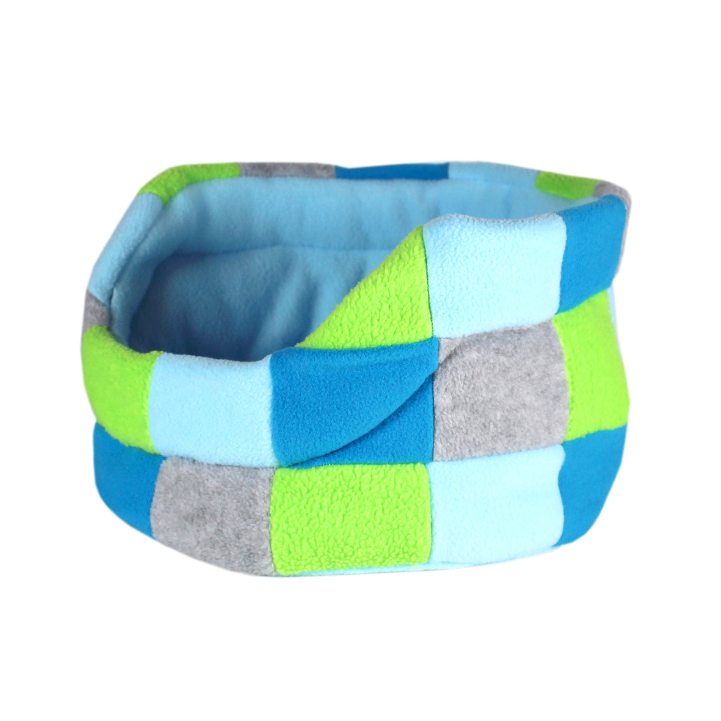 Blue and Green Patchwork Guinea Pig Bed, side view no guinea pig