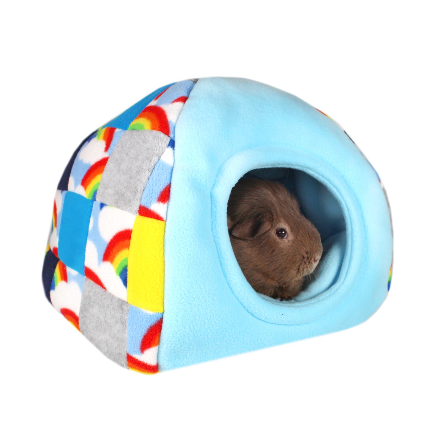 Blue Patchwork Hidey House For Guinea Pig, front view with guinea pig