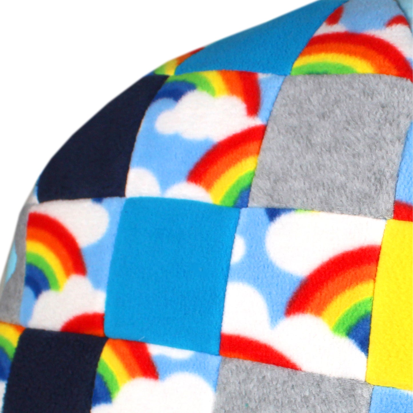 Blue Patchwork Hidey House For Guinea Pig, close up view of the upcycled patchwork