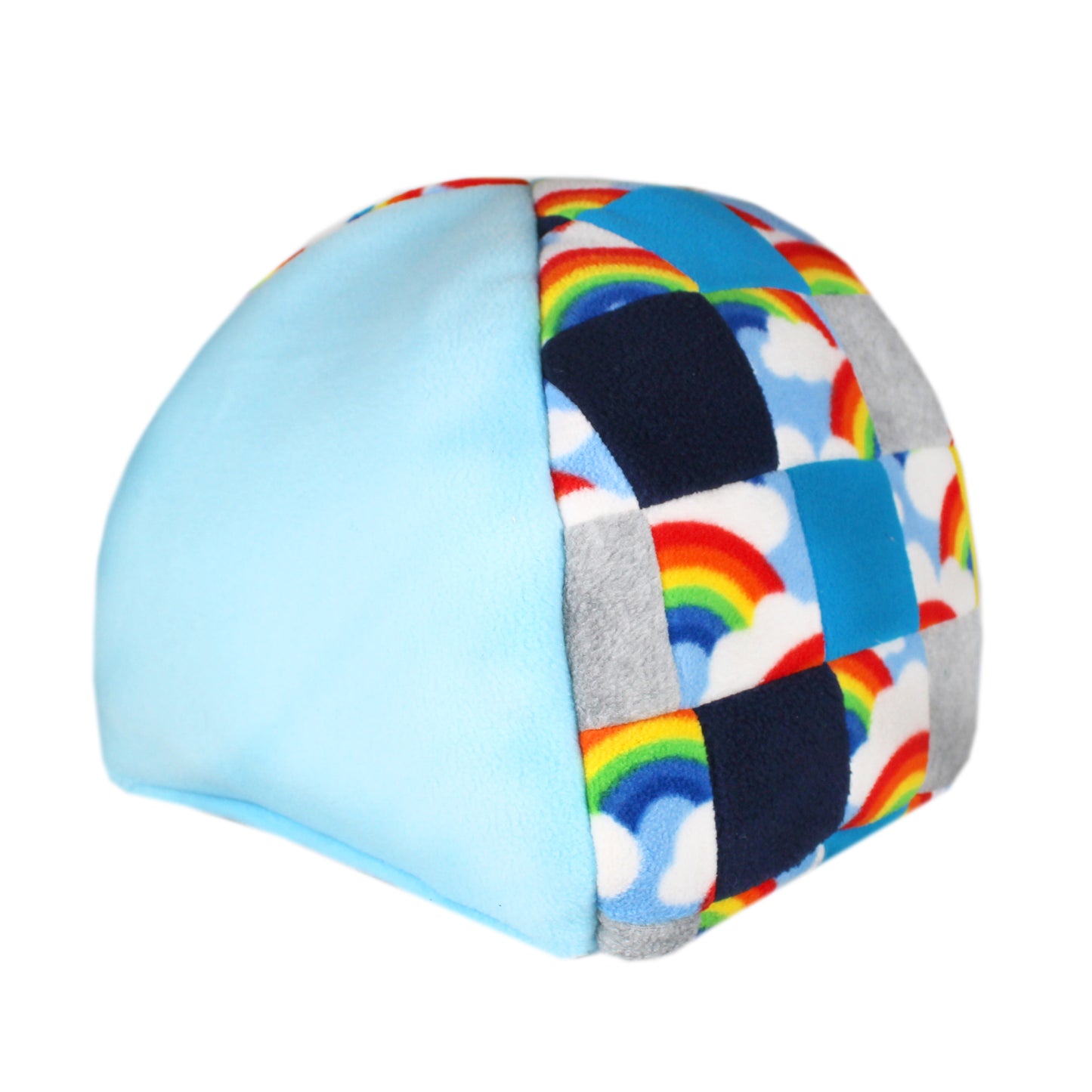 Blue Patchwork Hidey House For Guinea Pig, rear view of the hidey hut