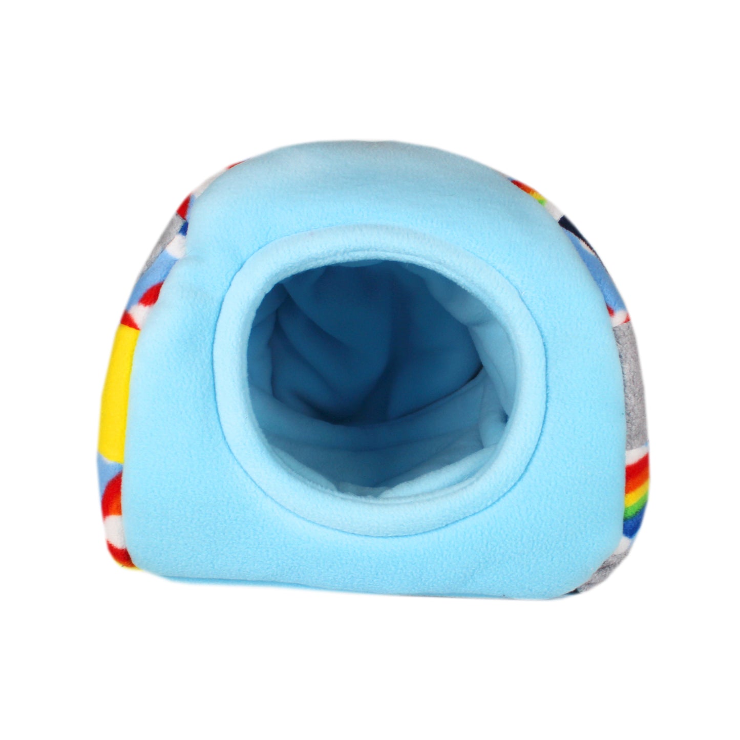 Blue Patchwork Hidey House For Guinea Pig, front view no guinea pig