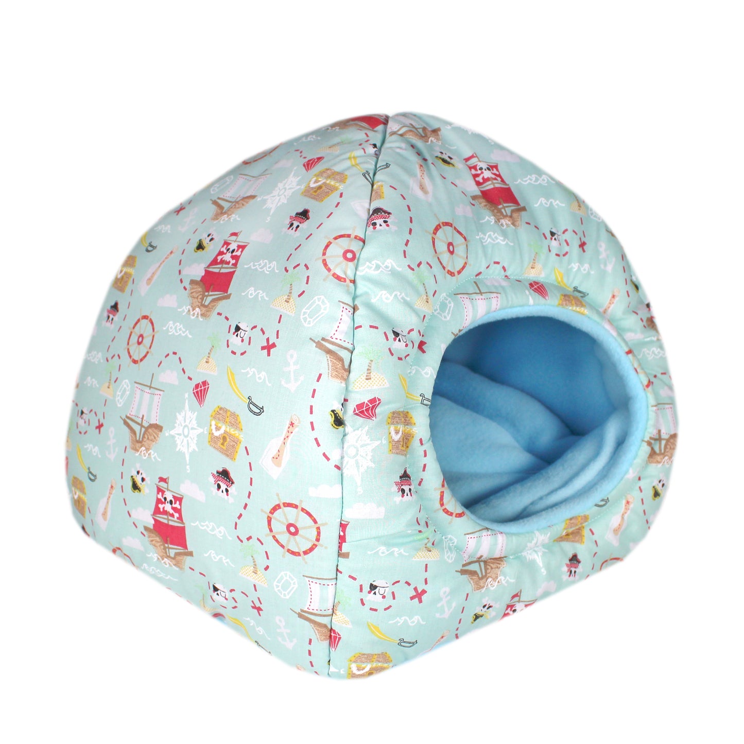 Blue Pirate Guinea Pig Hidey Hut, front side view empty