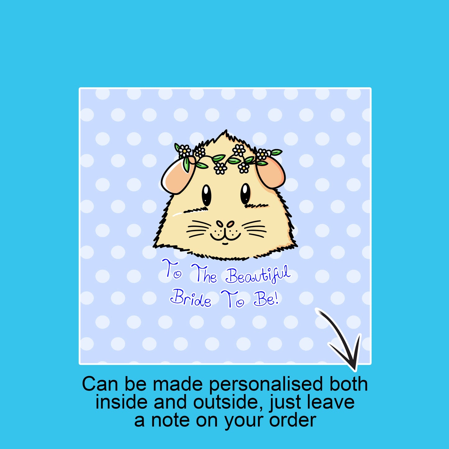 Guinea Pig Bridal Shower Card, showing blue background of the wedding card