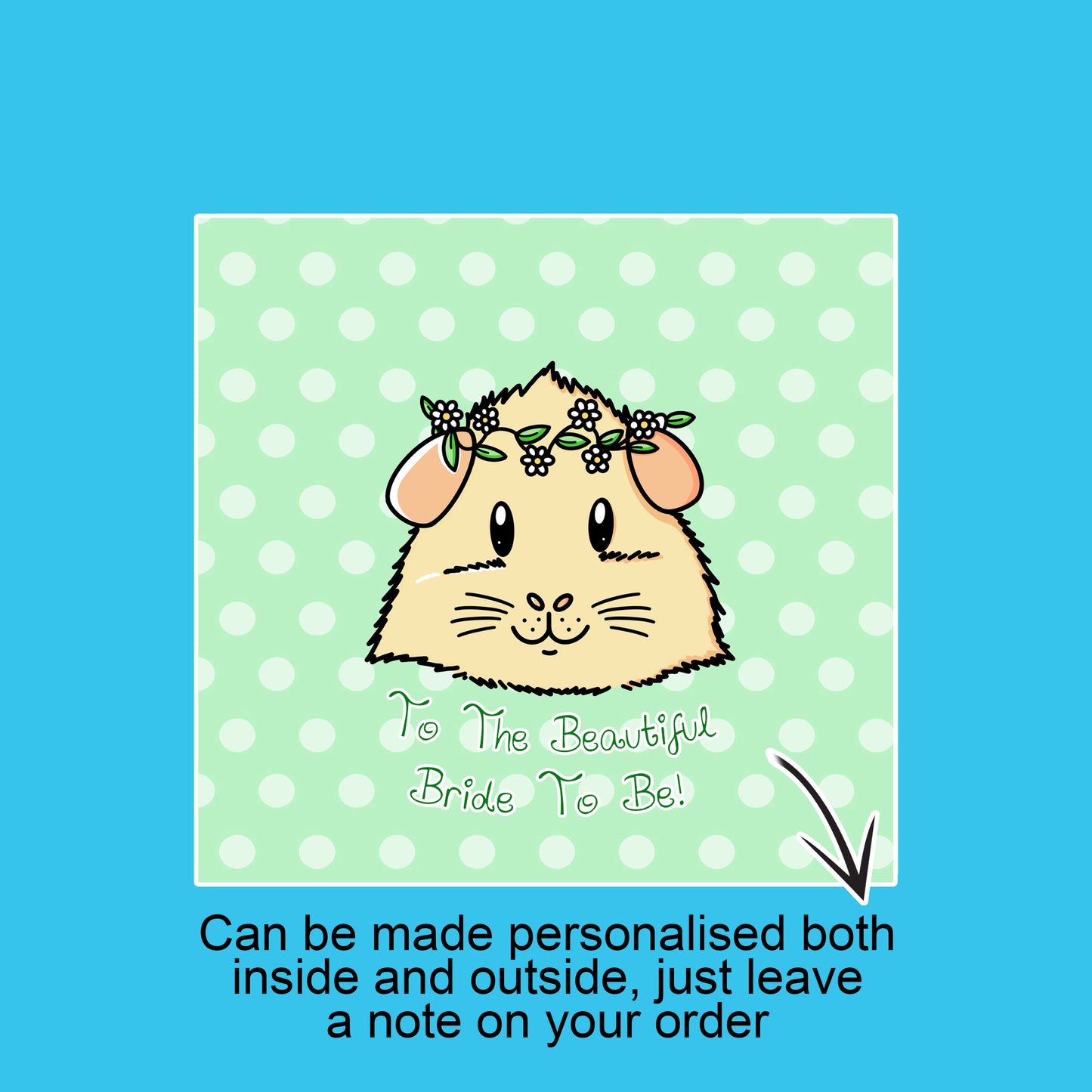 Guinea Pig Bridal Shower Card, showing green background of the birthday card