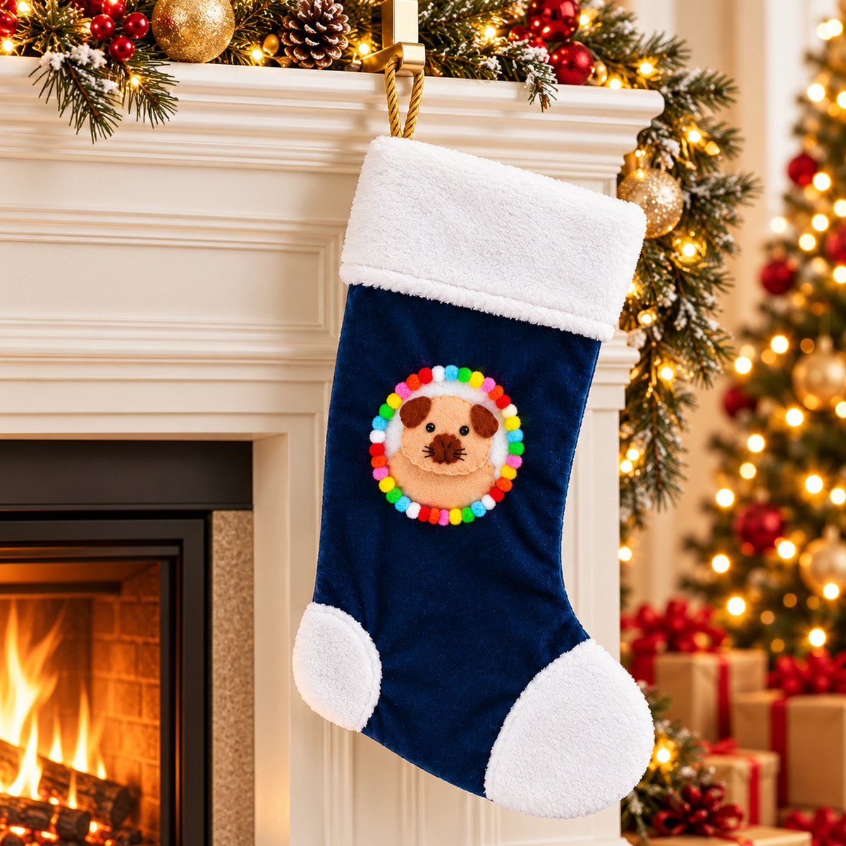 Cream Californian guinea pig Christmas stocking hanging beside a decorated Christmas fireplace, featuring a handmade felt guinea pig with dark markings, navy blue velvet, fluffy white trim, colourful pom-poms and gold rope hanging loop.