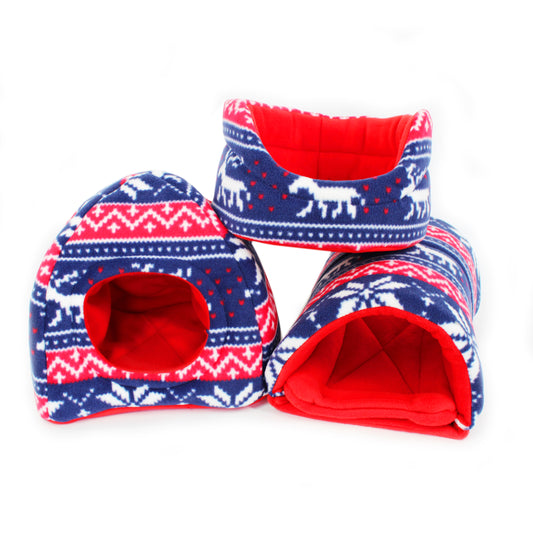 Three pet tunnels with blue and red pattern on a white background