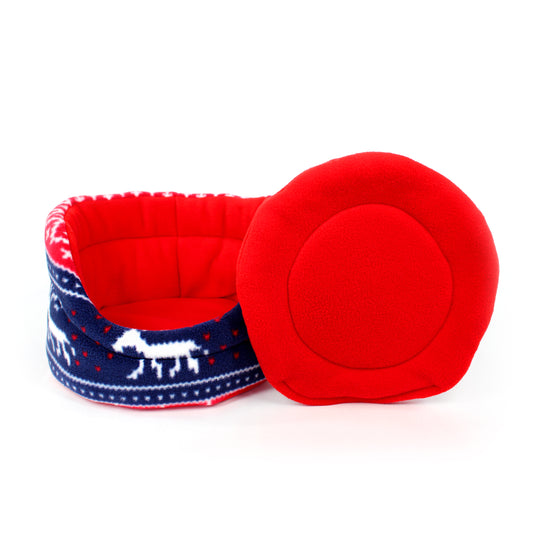 Red and blue Small pet bed with a white background