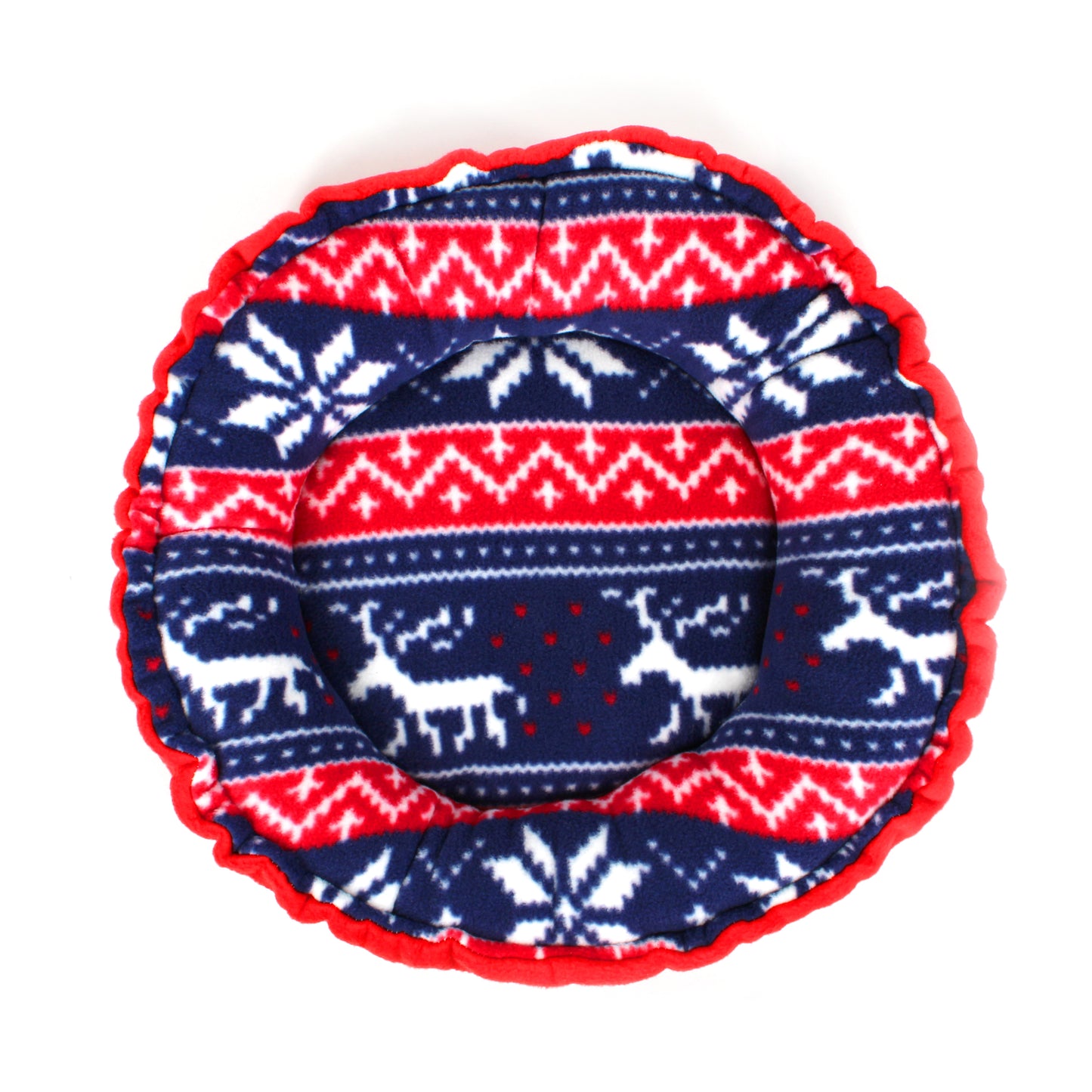 doughnut bed with red, blue, and white pattern on a white background