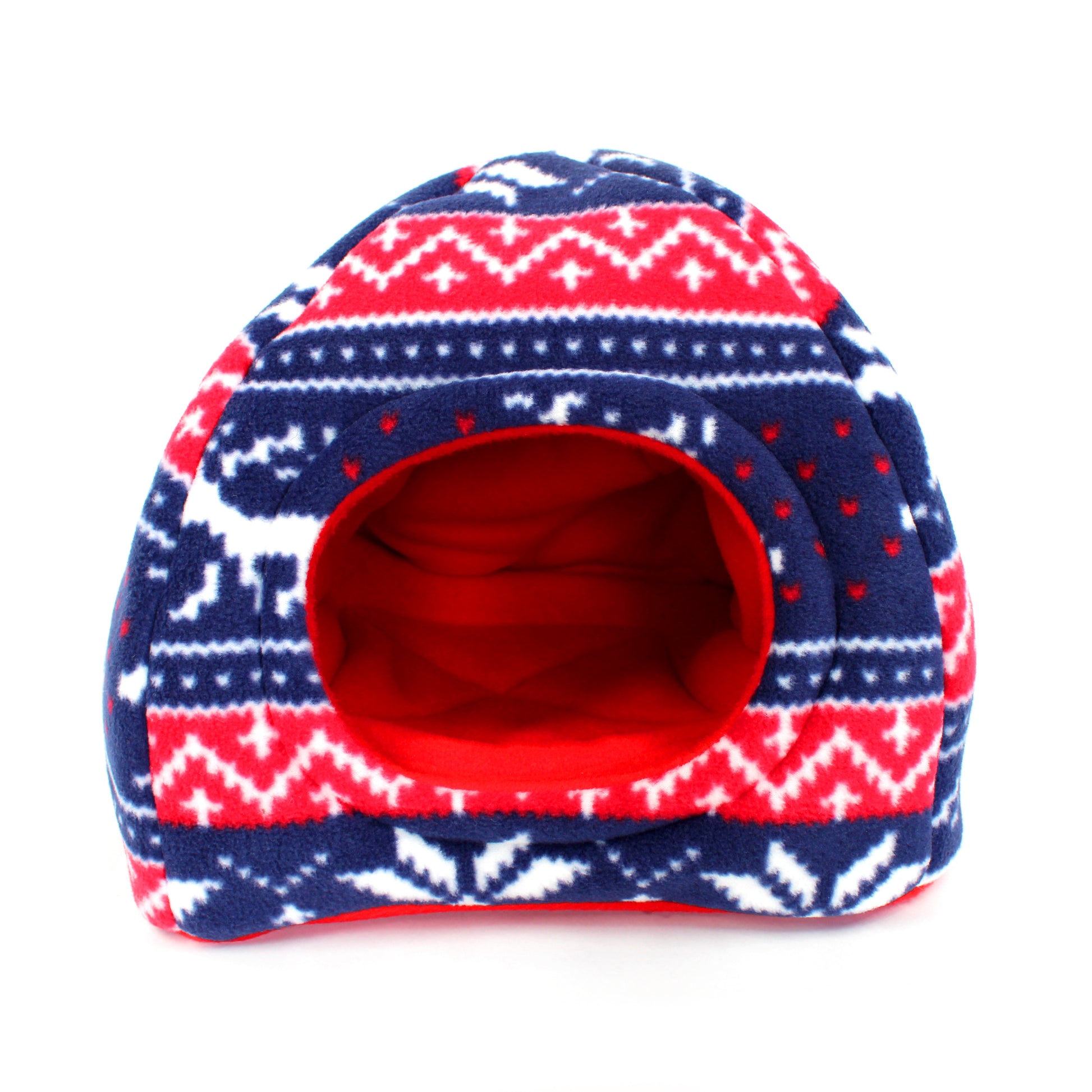Small pet house with a blue, red, and white pattern on a white background