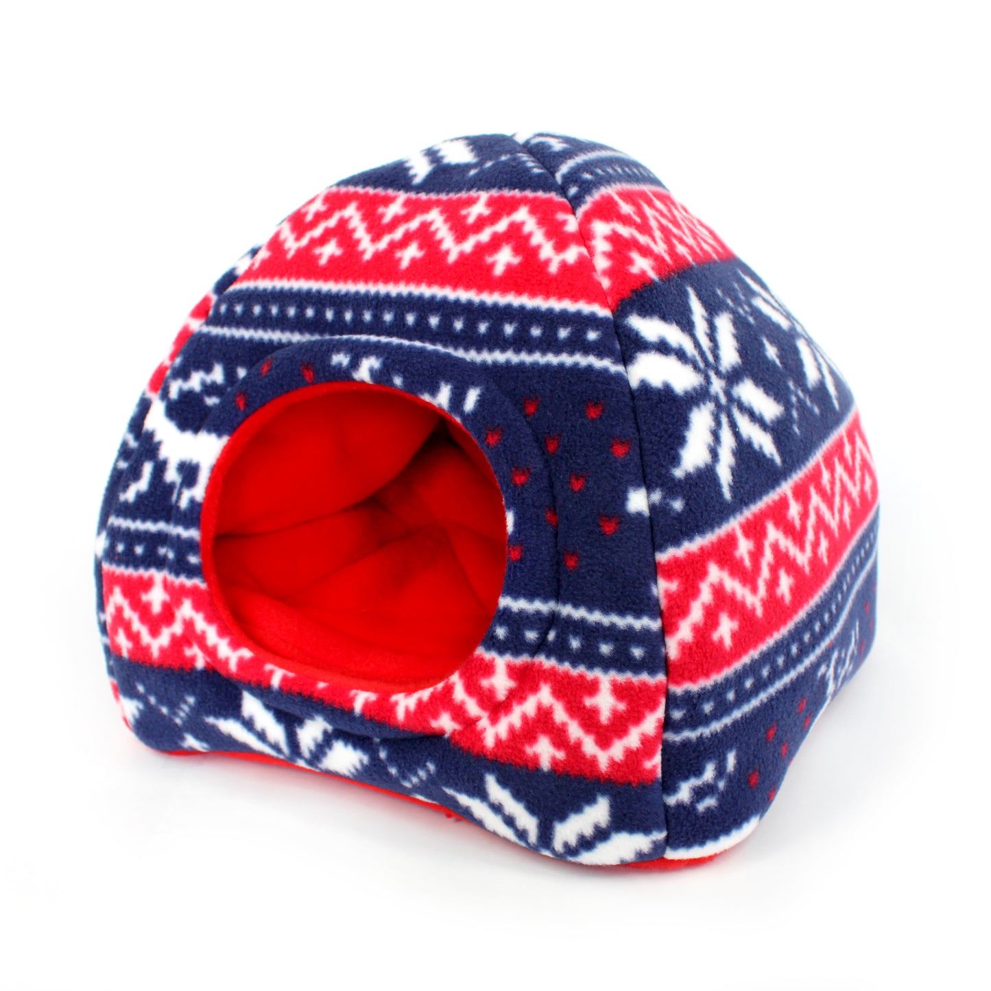 Pet house with a festive pattern in red, white, and blue on a white background
