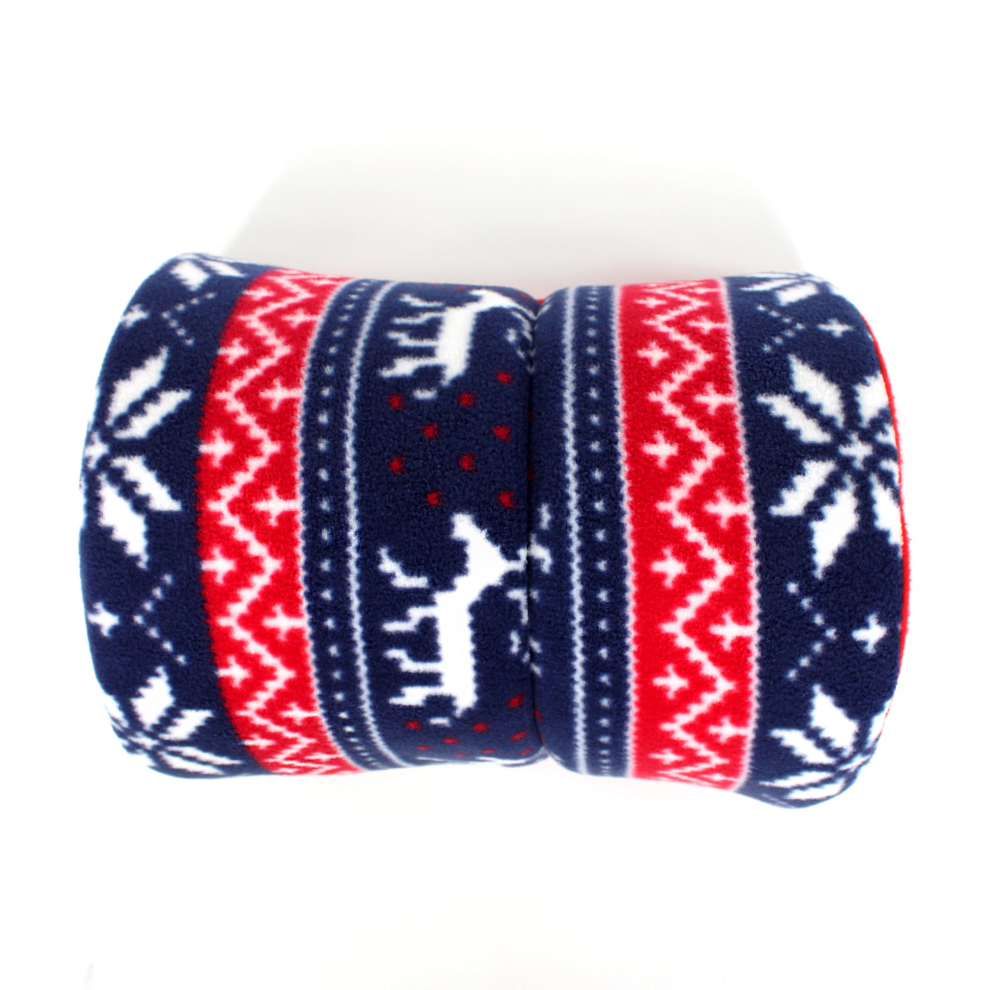 Pair of red, white, and blue compression sleeves with reindeer pattern on a white background