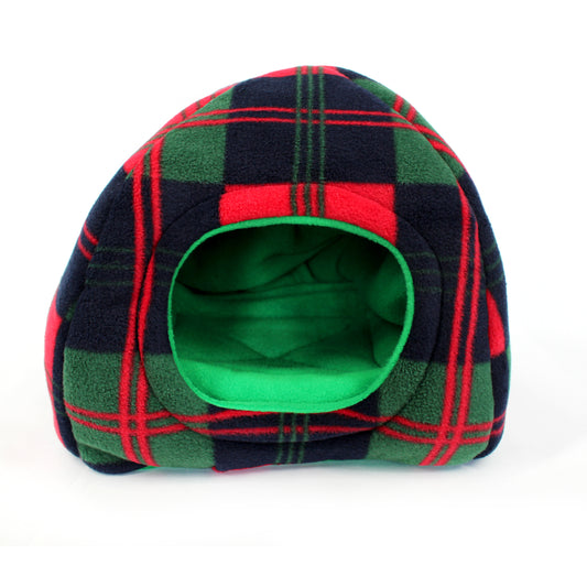 Plaid pet bed with green interior on a white background