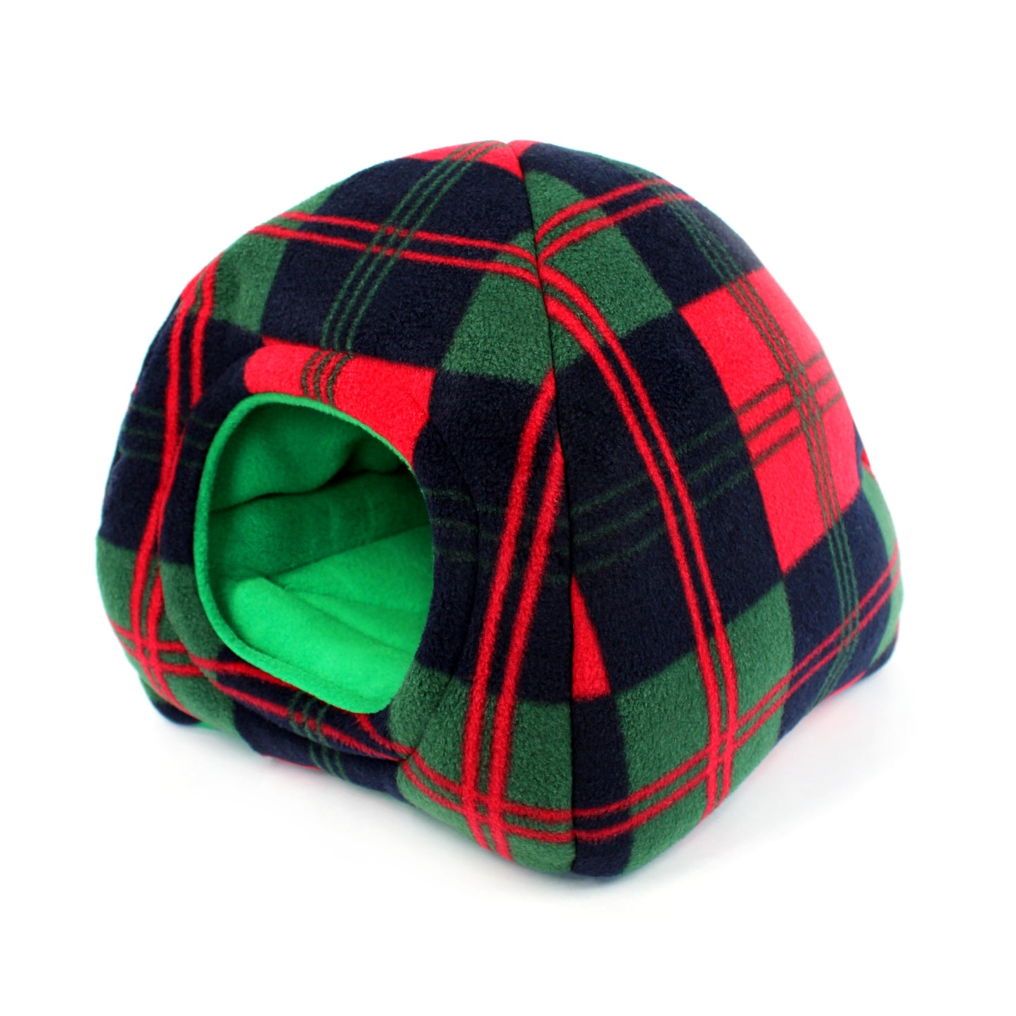 Plaid pet house with green interior on a white background