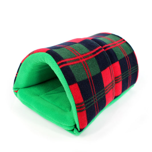 Plaid pet bed with green interior on a white background