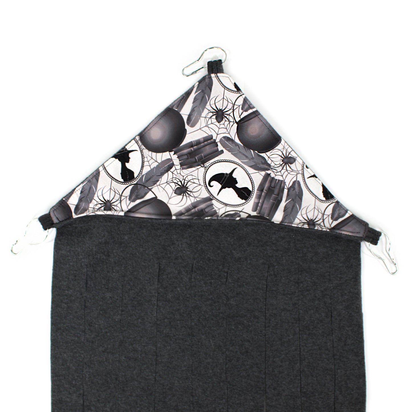 Black and white patterned headscarf with a plain black bottom half on a white background