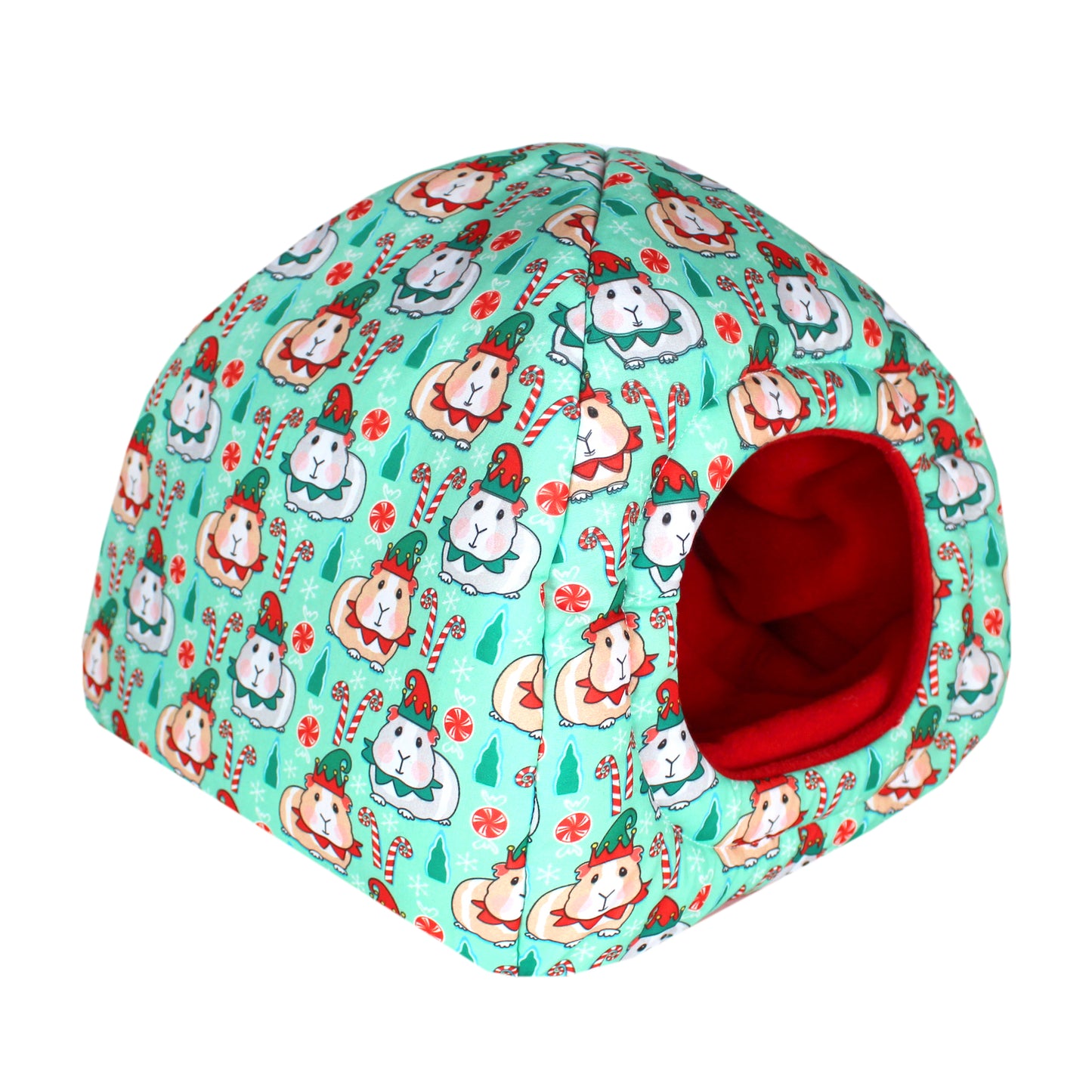 Festive Guinea Pig Design Hidey House for Guinea Pigs, elevated front side view of the empty hideout