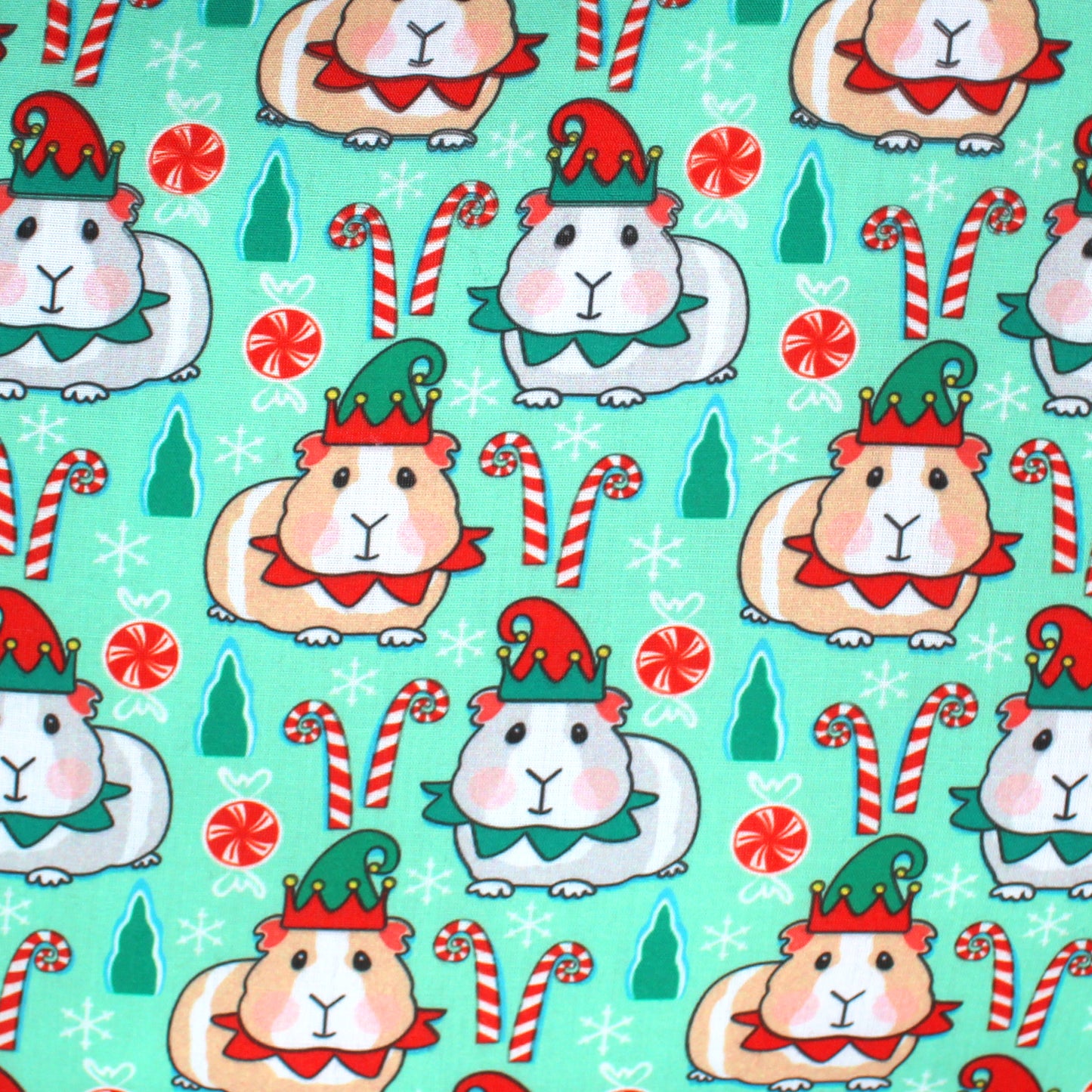 Festive Guinea Pig Design Hidey House for Guinea Pigs, close up of the Christmas pattern cotton fabric