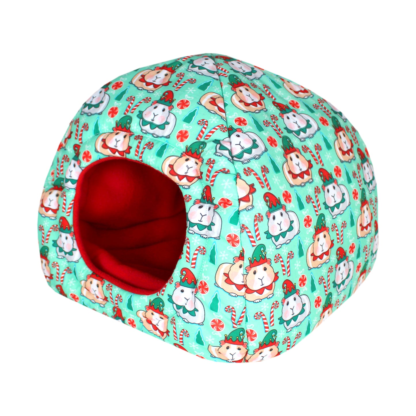 Festive Guinea Pig Design Hidey House for Guinea Pigs, front side view of the empty hidey hut