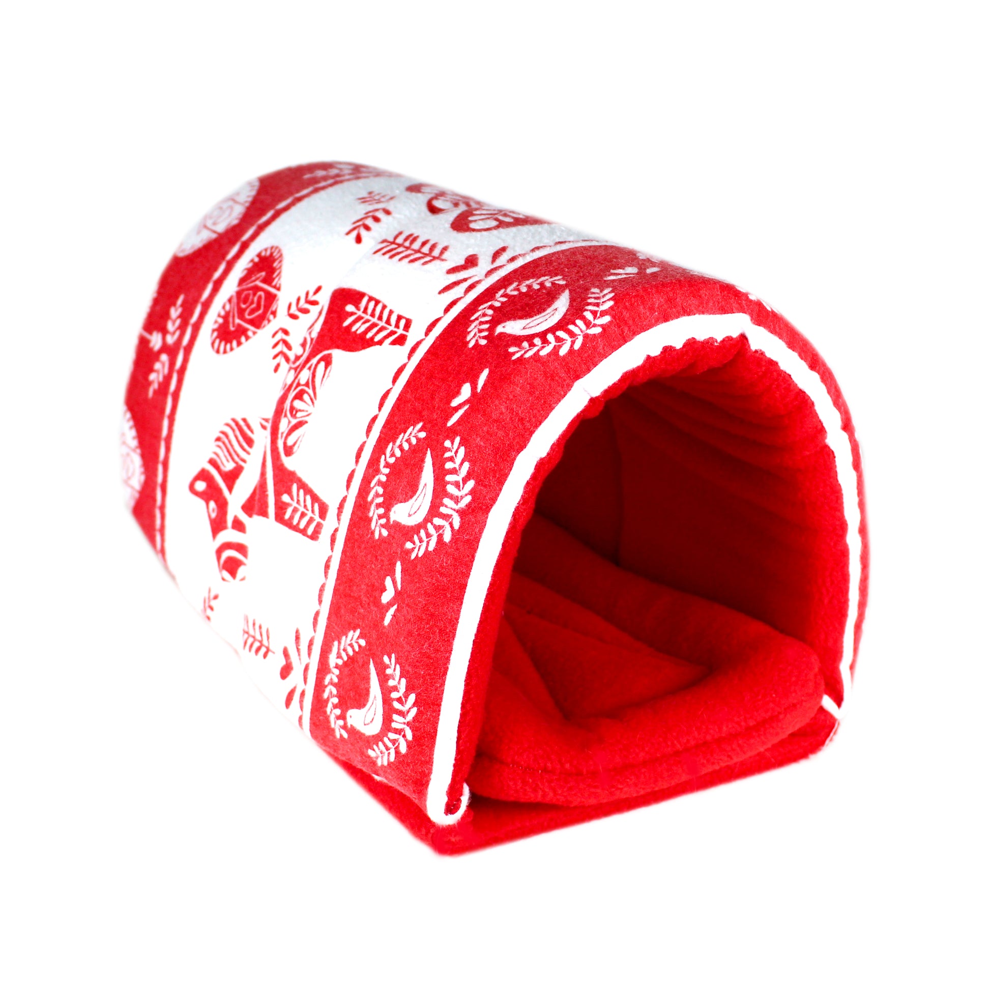 Red And White Christmas Guinea Pig Snuggle Tunnel, elevated front side view empty