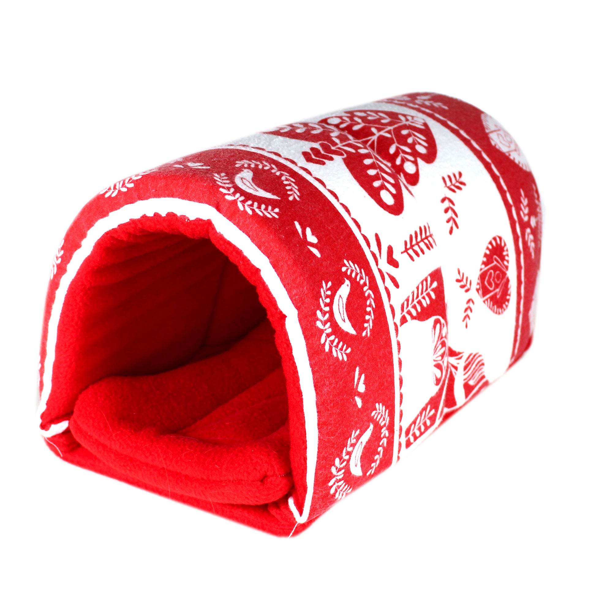 Red And White Christmas Guinea Pig Snuggle Tunnel, front opposite side view no guinea pig
