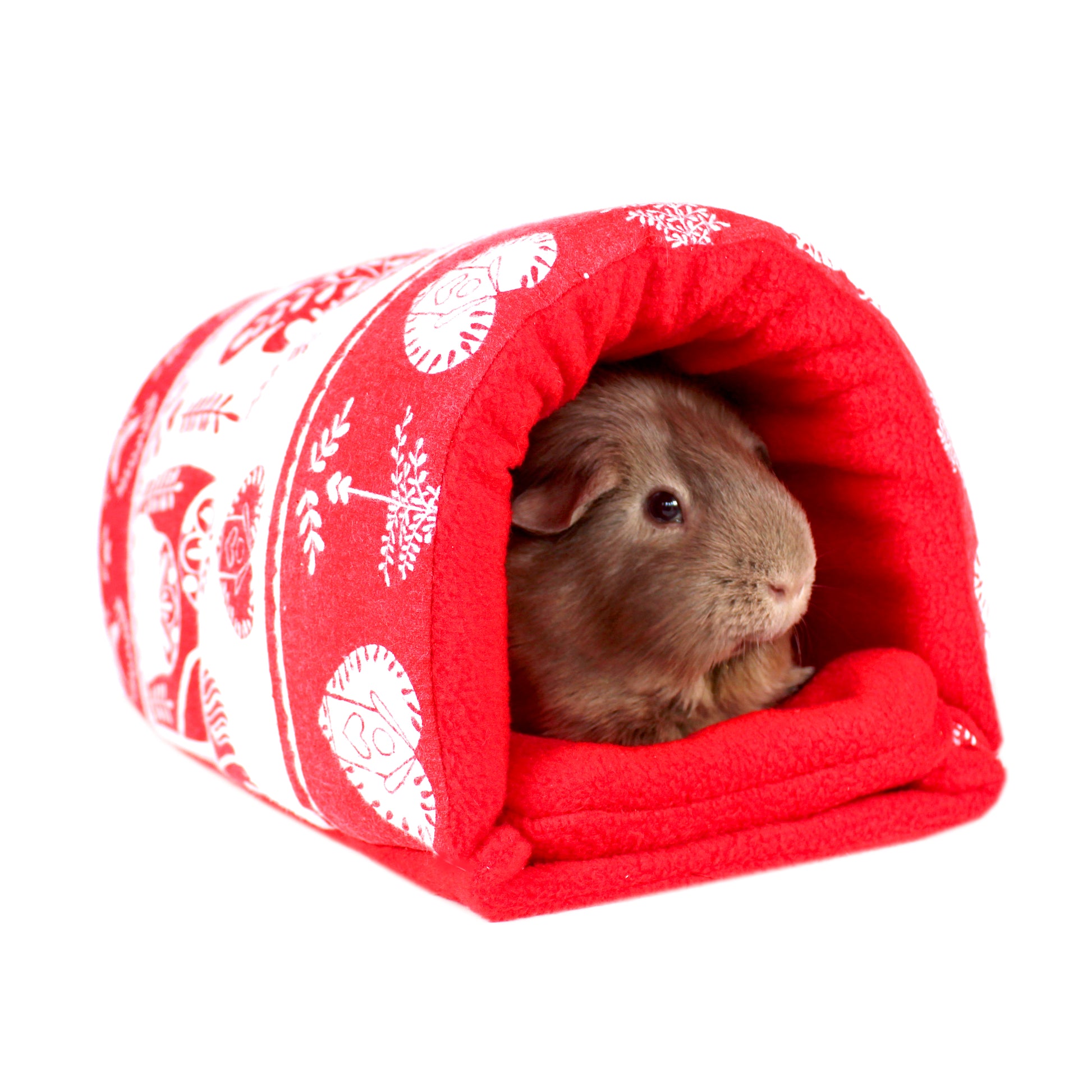 Red And White Christmas Guinea Pig Snuggle Tunnel, front side view with guinea pig