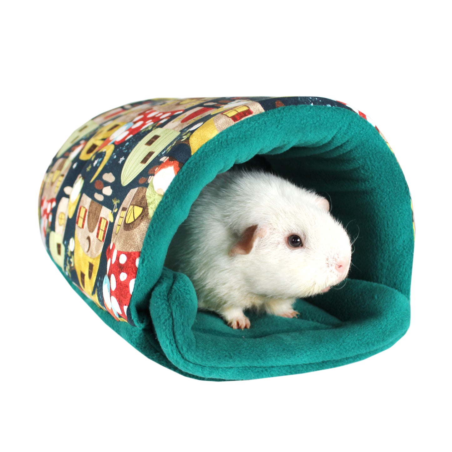 Mushroom And Gnome Guinea Pig Squish Tunnel, front side view with guinea pig