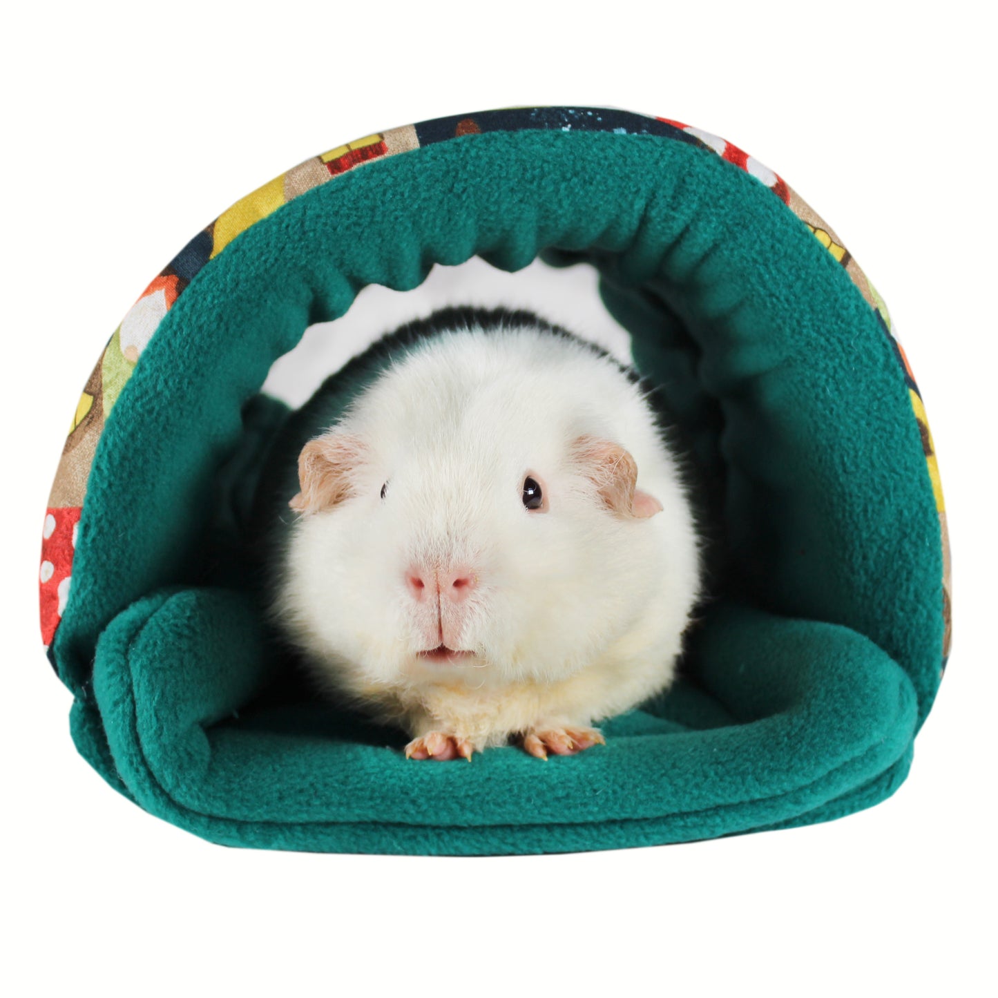 Mushroom And Gnome Guinea Pig Squish Tunnel, front view with happy guinea pig
