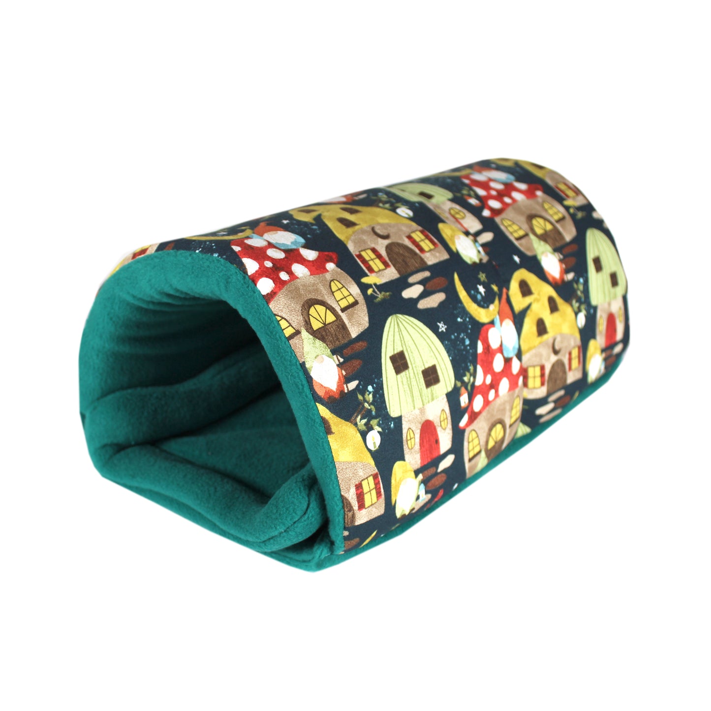 Mushroom And Gnome Guinea Pig Squish Tunnel, Elevated front side view of the empty tunnel