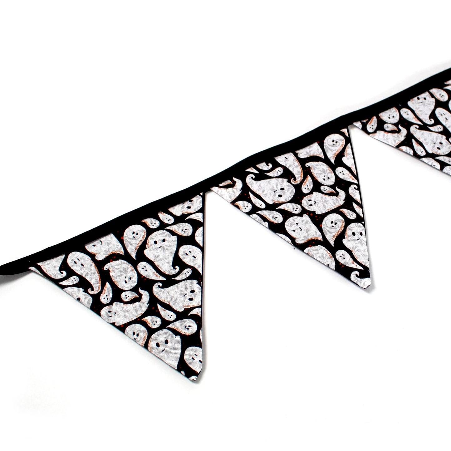 Large Halloween Ghost Bunting, close up of the banner showing the detail of the ghost pattern on the flags