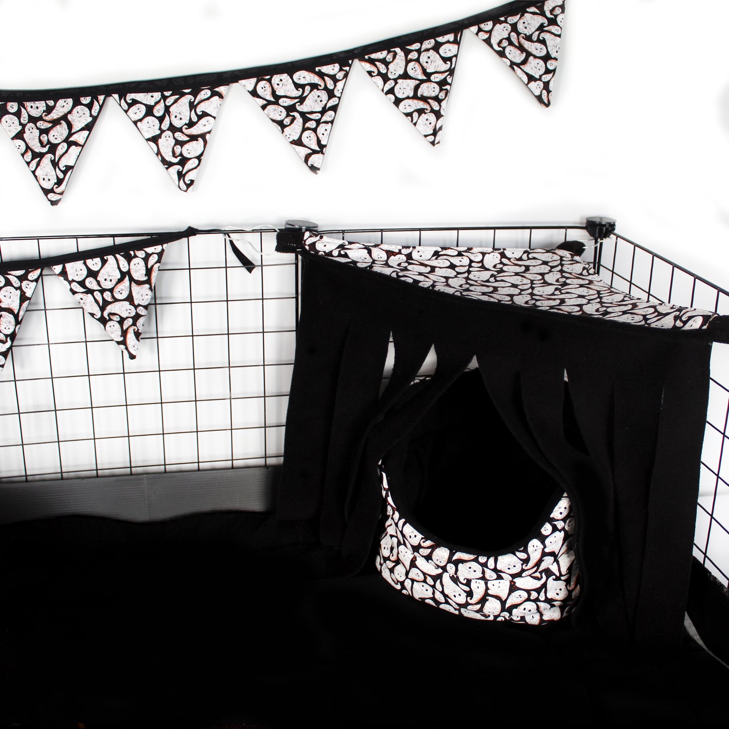 Halloween Ghost Cuddle Cup Bed with Fleece Forest, sowing how to turn the cuddle cup bed in to a cosy hideout for guinea pigs