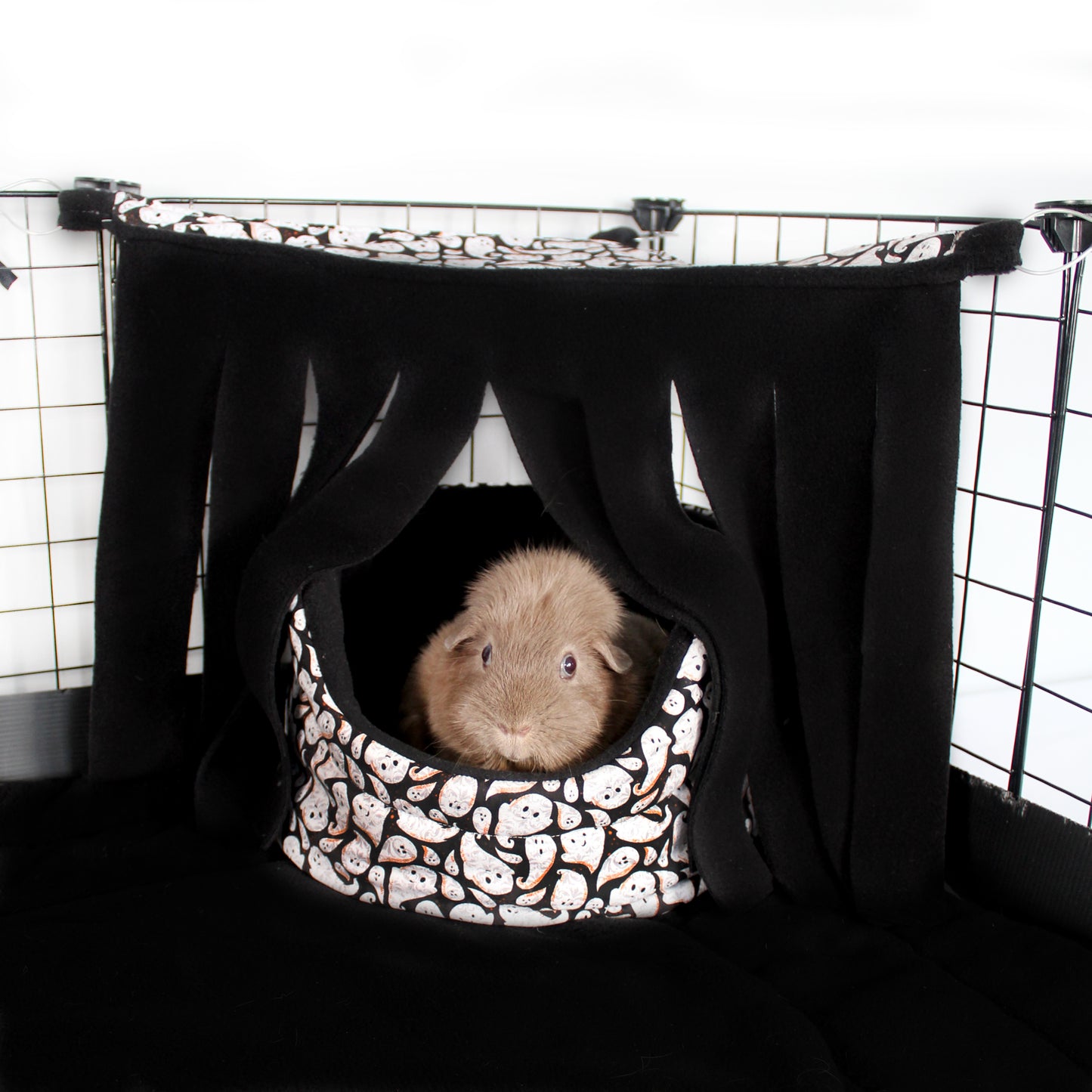 Halloween Ghost Cuddle Cup Bed and Fleece Forest, with a guinea pig cosy inside