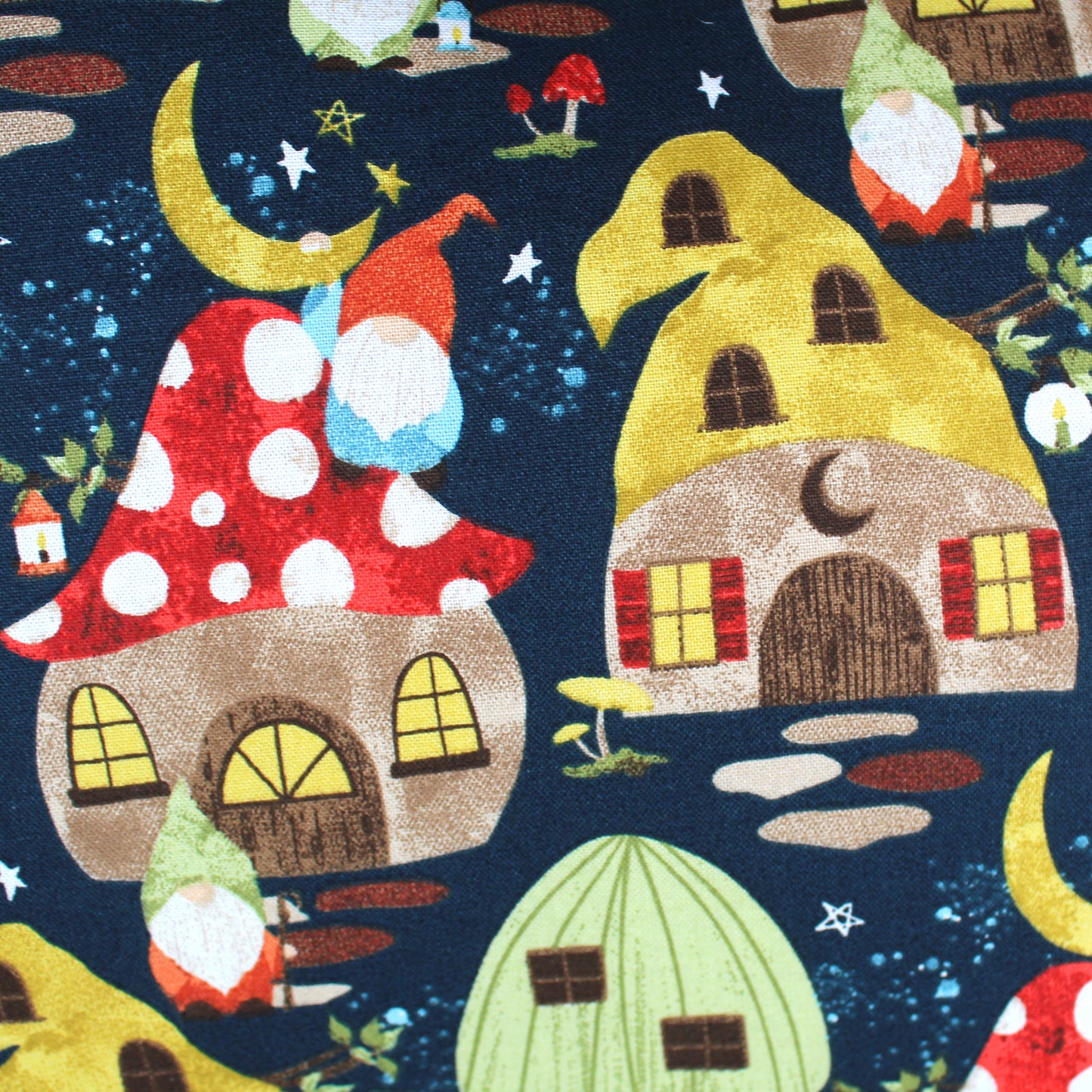 Gnome and Mushroom Town Guinea Pig Hidey House, close up view of the gnome and mushroom town cotton fabric
