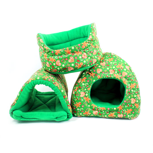 Green pet cave with floral pattern on a white background