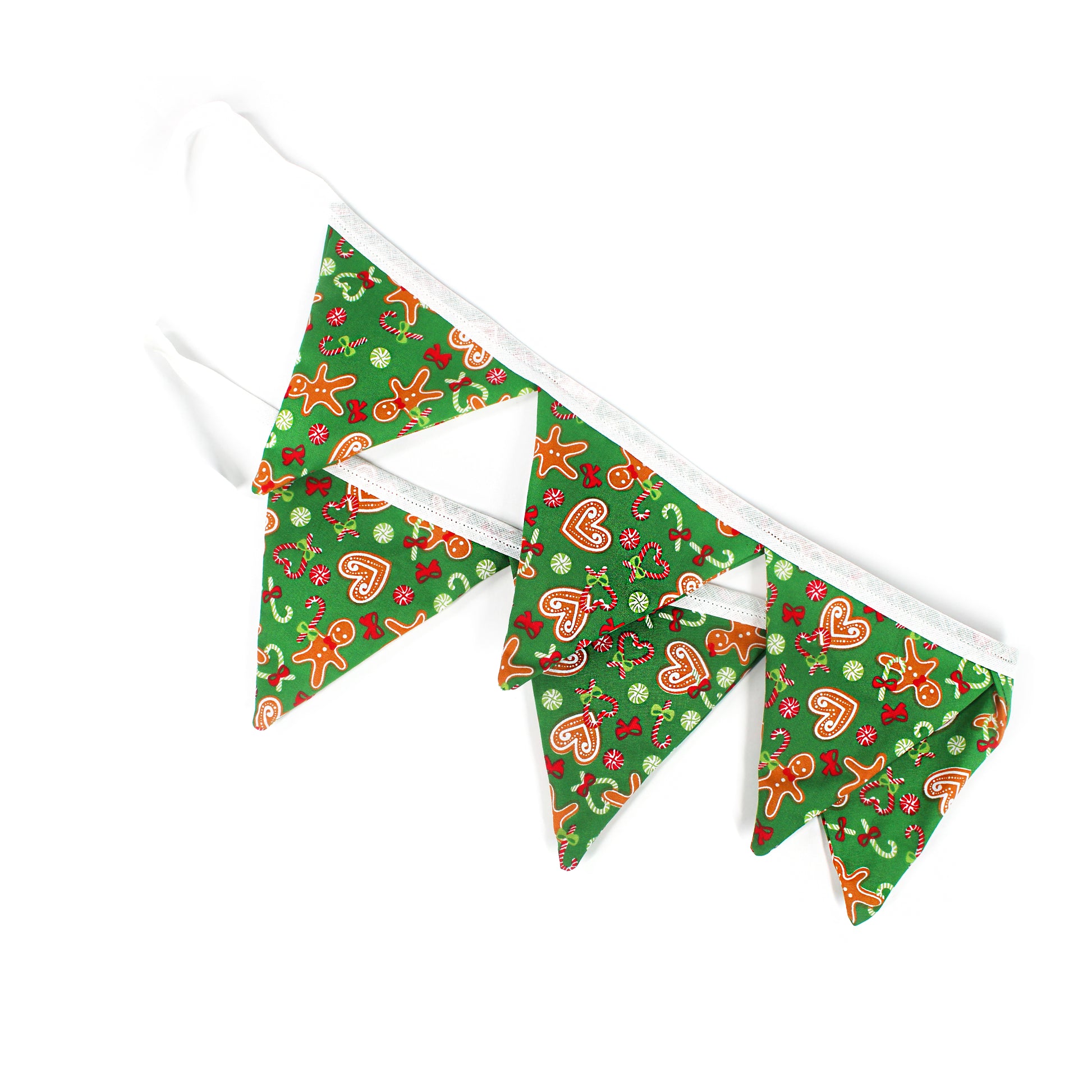 Christmas-themed bunting flags on a white background